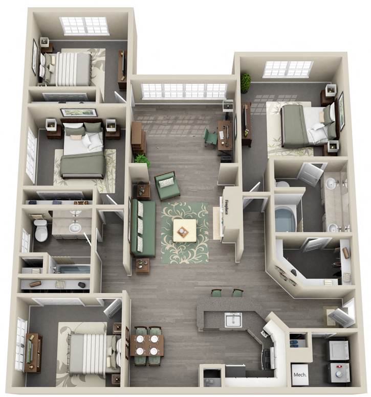 Floor plan for 4 beds, 2 baths, 1610 sqft